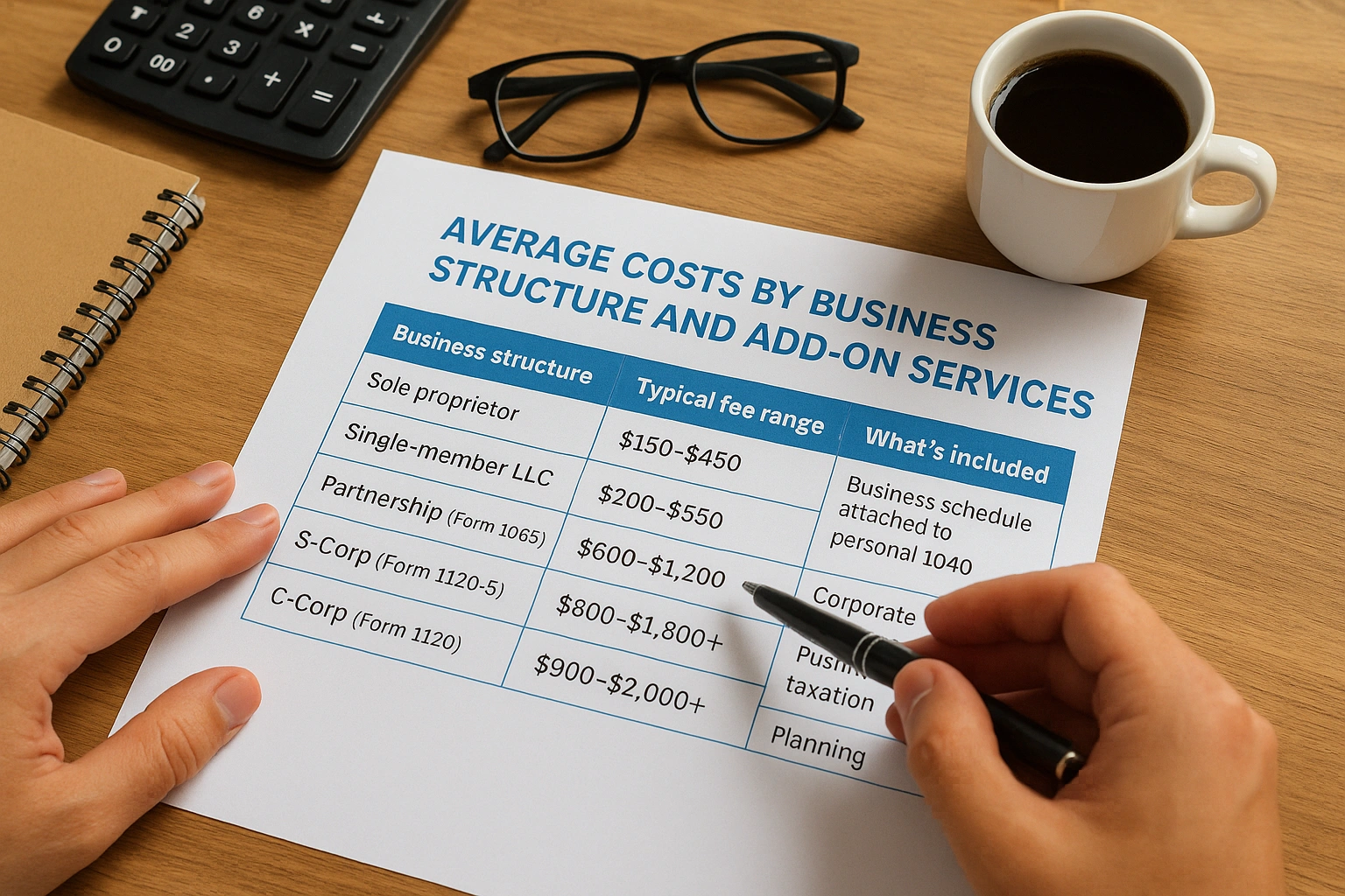 Average costs by business structure and add-on services