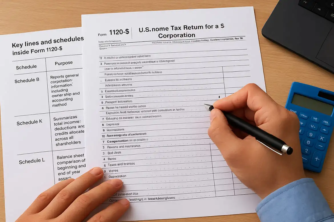 Key lines and schedules inside Form 1120-S