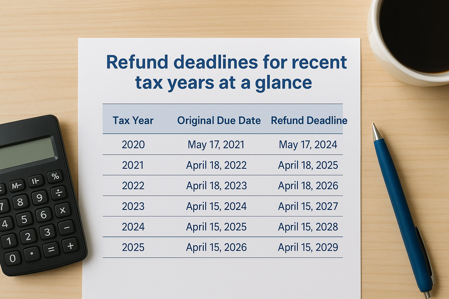 Refund deadlines for recent tax years at a glance